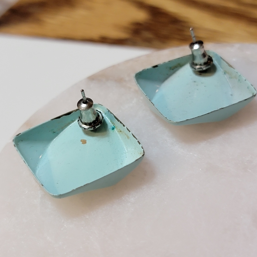 Vintage Enamel Diamond Earrings Mint Seafoam - Picture 6 of 7